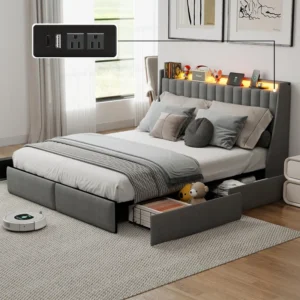 Queen Upholstered Bed Frame with 4 Drawers, Bed
